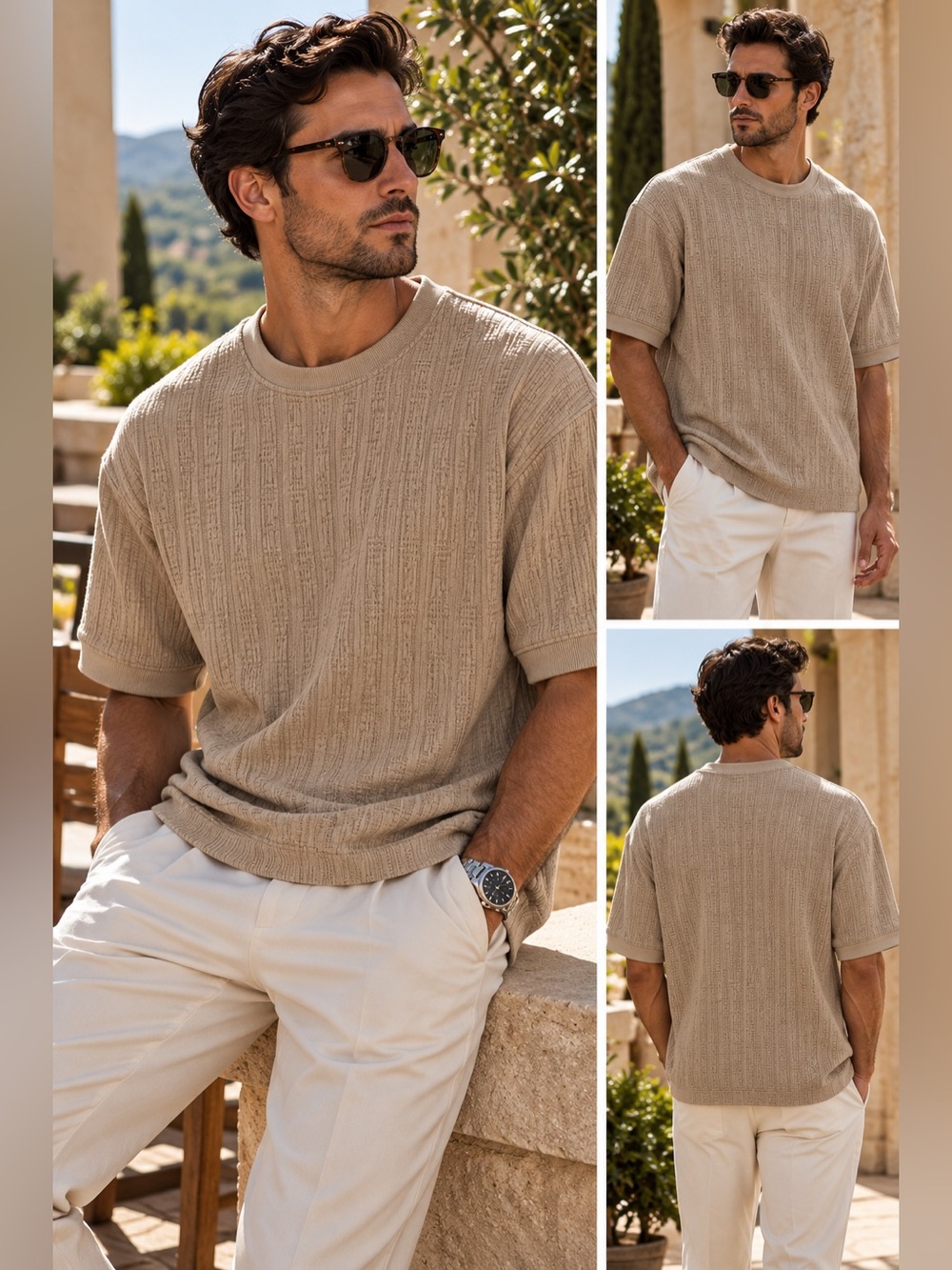 Amongst Others Men’s Textured Knit Shirt Taupe Quiet Luxury Medium